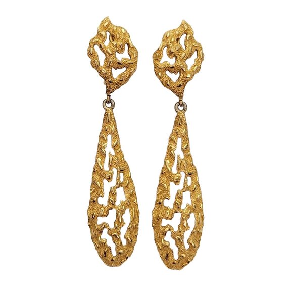 Trifari Crown Over T Gold Tone Brutalist Pear Nugget Clip Earrings Signed E968 - Picture 2 of 8